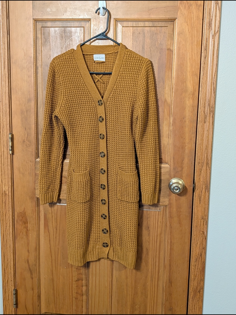 Olive & Oak Mustard Waffle-Knit Button Cardigan